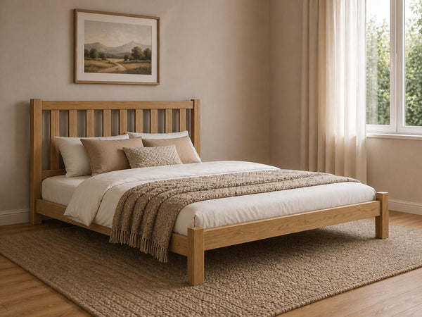 Shelton Stained Oak Wooden Bed in Low end