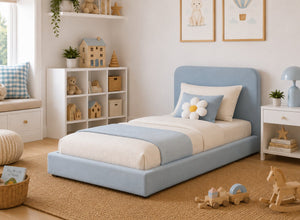 Single Childrens Floor Bed in Baby Blue Velvet Fabric Finish