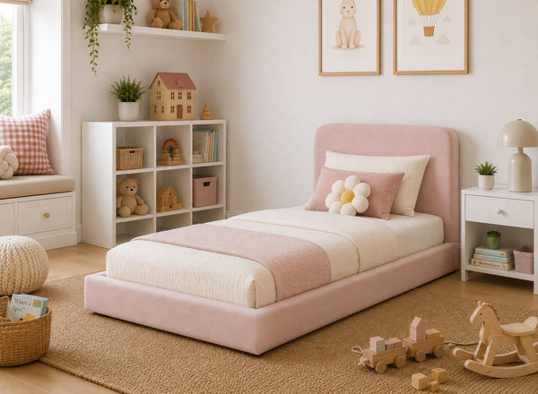 Single Childrens Floor Bed in Blush Pink Velvet Fabric Finish