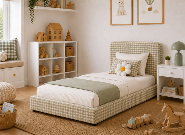 Single Childrens Floor Bed in Bracken Green Chequered Fabric Finish