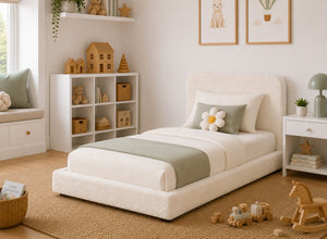 Single Childrens Floor Bed in White Boucle Fabric Finish