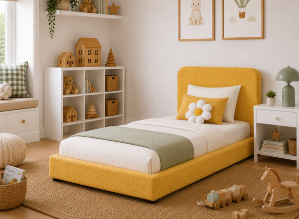 Single Childrens Floor Bed in Ochre Flat Weave Fabric Finish