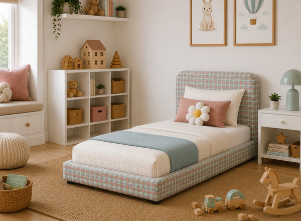 Single Cley Children's Floor Bed in Chequered Pink Fabric