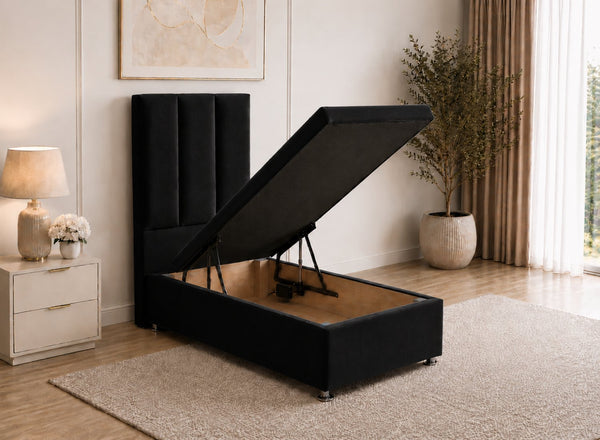Single Jet Black Velvet Ottoman Bed with Headboard, open for storage.