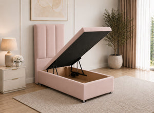 Single Blush Pink Velvet Ottoman Bed with Headboard, open for storage.