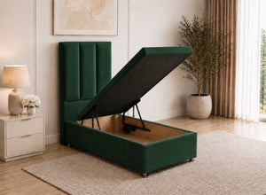 Single Bottle Green Velvet Ottoman Bed with Headboard, open for storage.
