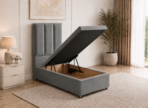 Single Granite Grey Velvet Ottoman Bed with Headboard, open for storage.
