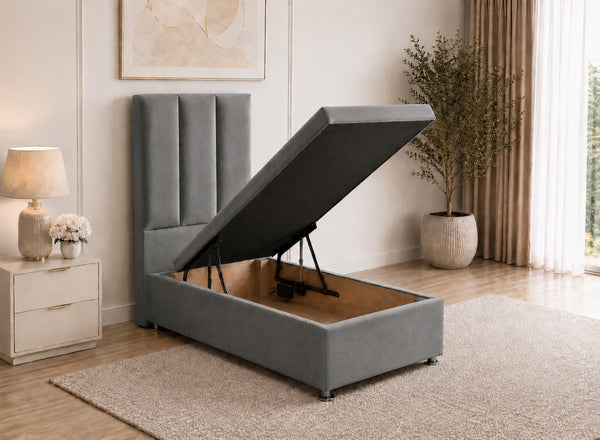 Single Granite Grey Velvet Ottoman Bed with Headboard, open for storage.