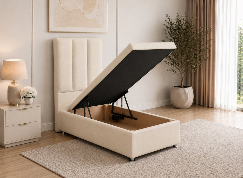 Oyster Velvet Ottoman Bed with Headboard, open for storage.