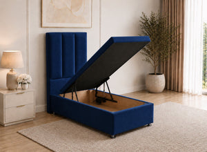 Single Royal Blue Velvet Ottoman Bed with Headboard, open for storage.