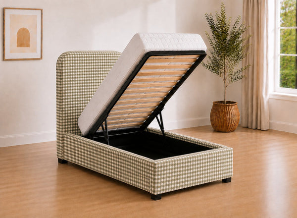 Single Heather Bracken Green Chequered Ottoman Bed