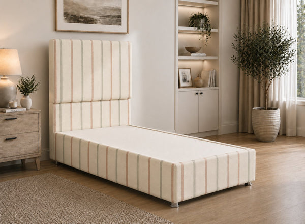 Single Heather Divan in Rose Pink Striped Fabric
