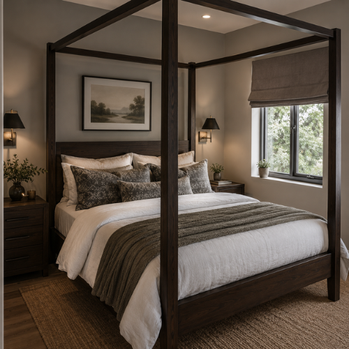 4 poster dark wood bed frame in a  small bedroom