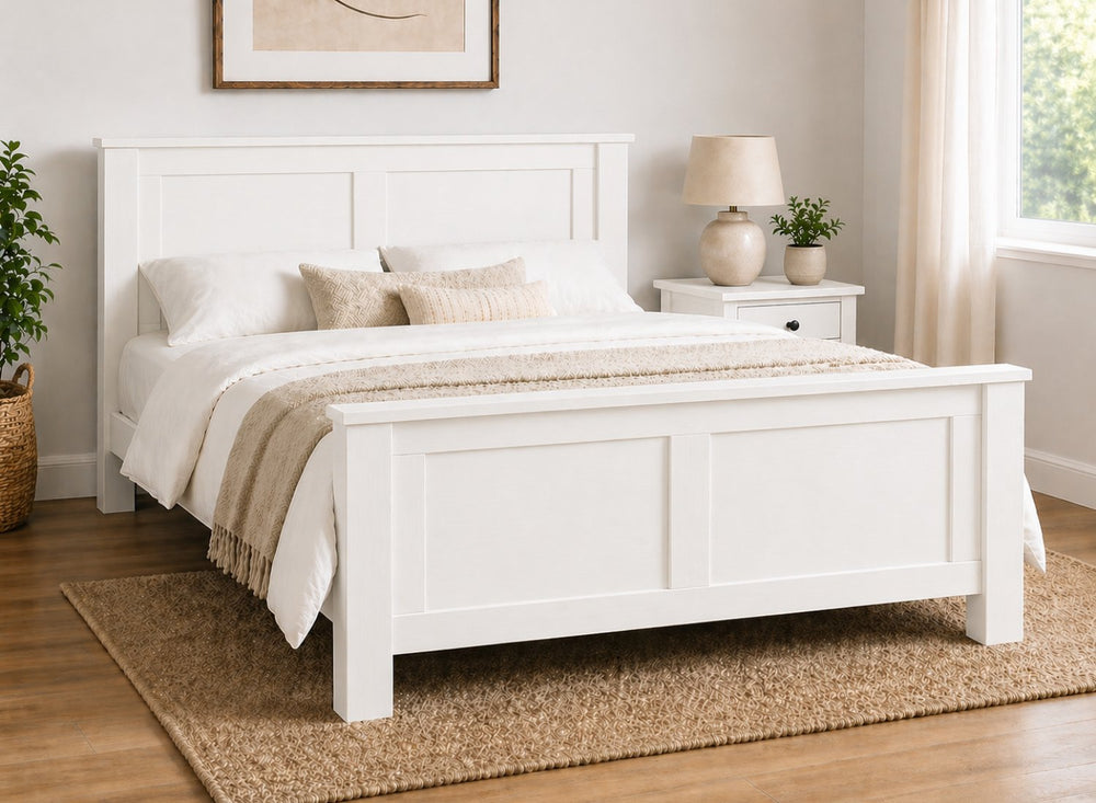 Small single Swaffham chunky painted wooden bed in all white with a paneled headboard and footboard.