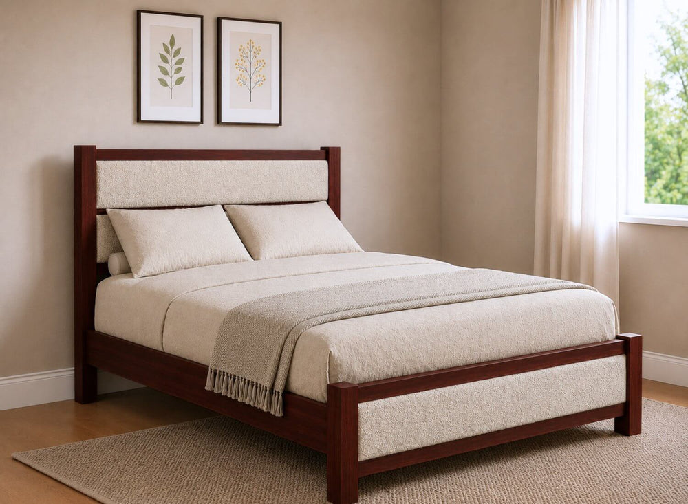 Clare Upholstered Wooden Bed in Mahogany with Cream Boucle Panels