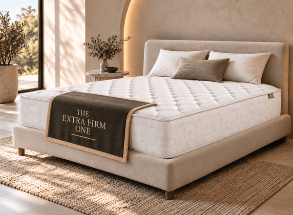 The Extra Firm One mattress sitting on top of an upholstered bed frame