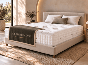 The Premium One tufted mattress laid on an upholstered bed frame