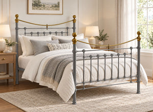 Victoria Double Grey Metal Bed Frame with brass accents.