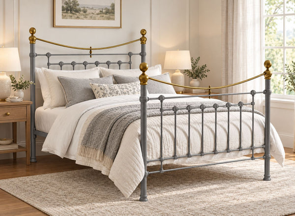Victoria Double Grey Metal Bed Frame with brass accents.