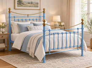 Victoria Double Blue Metal Bed Frame with brass accents.