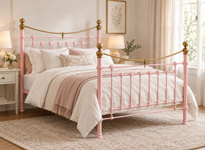 Victoria Double Pink Metal Bed Frame with brass accents.