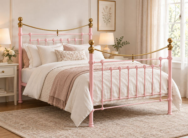 Victoria Double Pink Metal Bed Frame with brass accents.