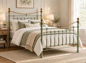 Victoria Double Sage Green Metal Bed Frame with brass accents.