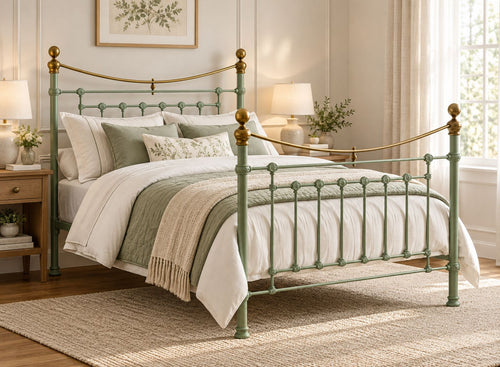 Victoria Double Sage Green Metal Bed Frame with brass accents.