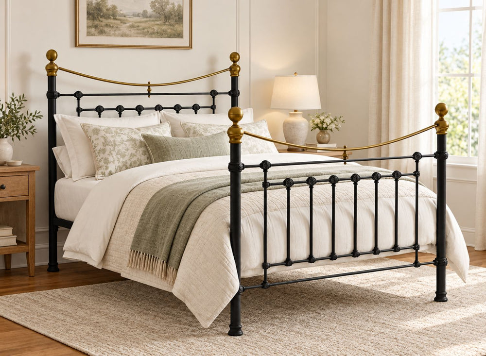 Victoria Double Pink Metal Bed Frame with brass accents.