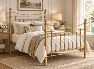 Victoria Double Gold Metal Bed Frame with brass accents.
