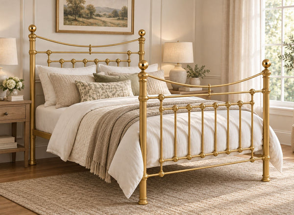 Victoria Double Gold Metal Bed Frame with brass accents.
