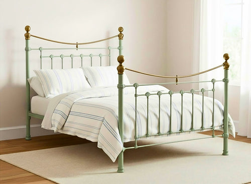 Double Sage Green Victoria metal bed frame with brass accents and elegant finials.