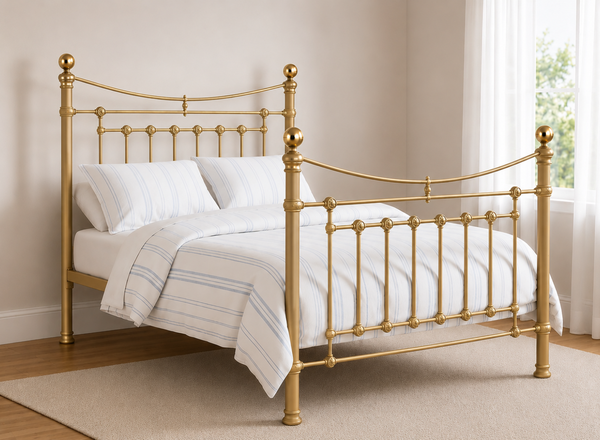 Victoria Double Gold Metal Bed Frame with brass accents.