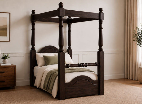 Weybourne Floor Four Poster Bed in Walnut Finish, Single Size