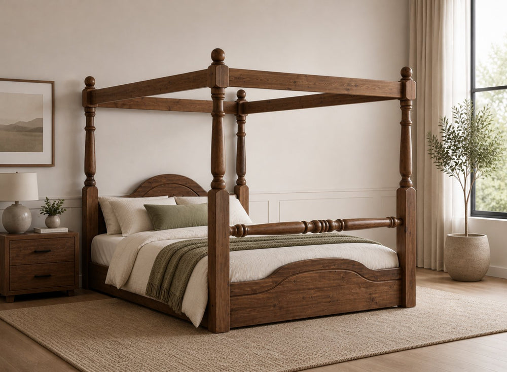 Weybourne Floor Four Poster Bed in Walnut Finish