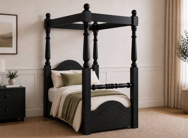 Weybourne Floor Four Poster Bed in Black Ash Finish, Single Size
