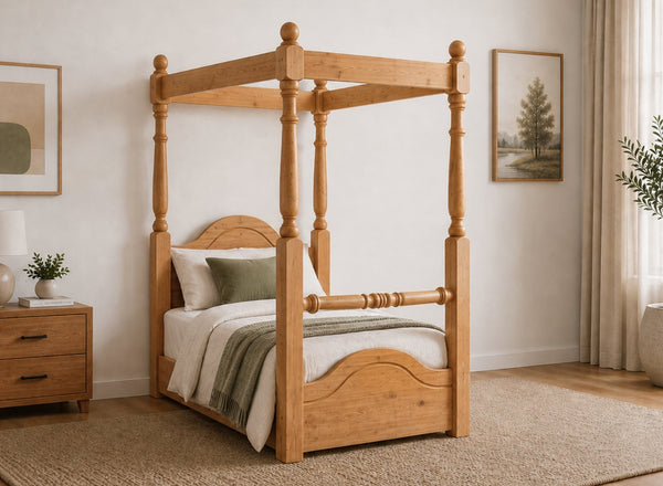 Weybourne Floor Four Poster Bed in Oak Finish, Single Size