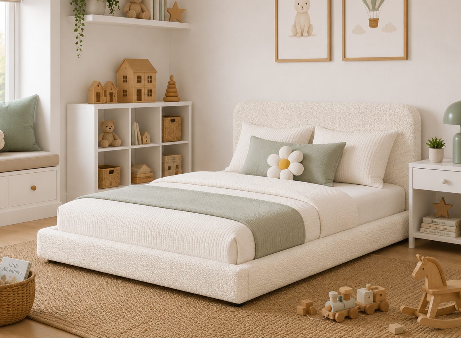 Childrens Floor Bed in White Boucle Fabric Finish