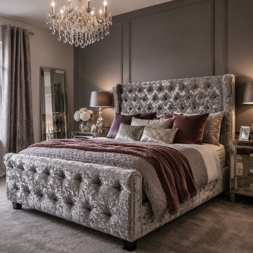 Crushed Velvet Fabric Bed in a luxurious room