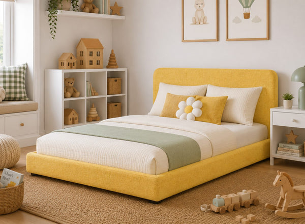 Childrens Floor Bed in Yellow Flat Weave Fabric Finish