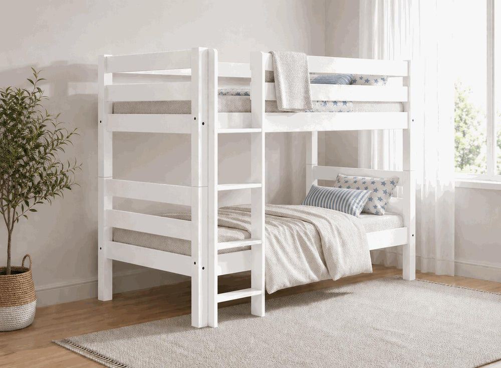 Keswick Single Sage Green Painted Wooden Bunk Bed with ladder, bedding, and pillows.