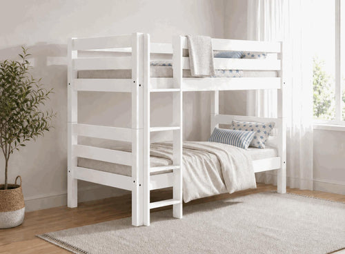 Keswick Single All White Painted Wooden Bunk Bed with slatted design.