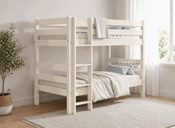 Keswick Single Painted Wooden Bunk Bed in James White Cream with ladder and slatted design.