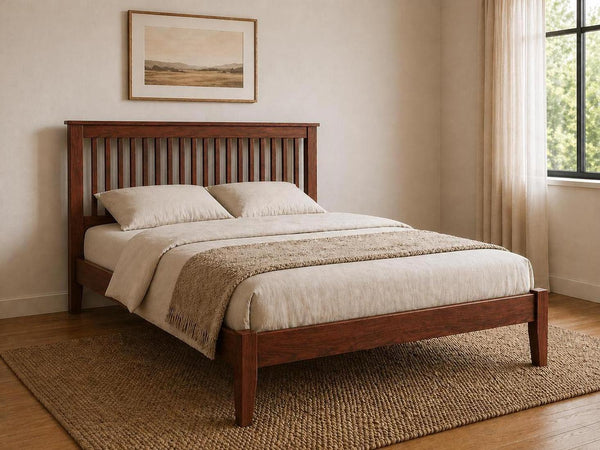 Coxford Stained Mahogany Wooden Bed in Low End | Modern Minimalist Bedroom