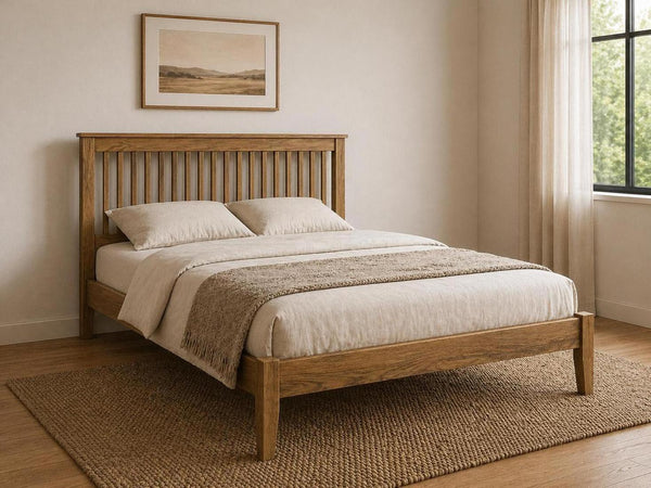 Coxford Stained Oak Wooden Bed in Low end | Modern Minimalist Bedroom