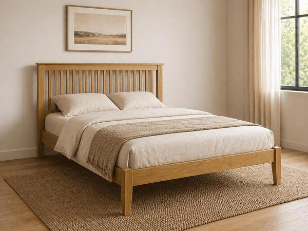 Coxford Small Single Low End Antique Wooden Bed Frame with slatted headboard.