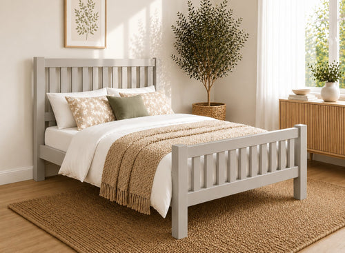 Small Single Shelton Solid Oak Bed in Dove Tale Grey with slatted headboard and footboard.