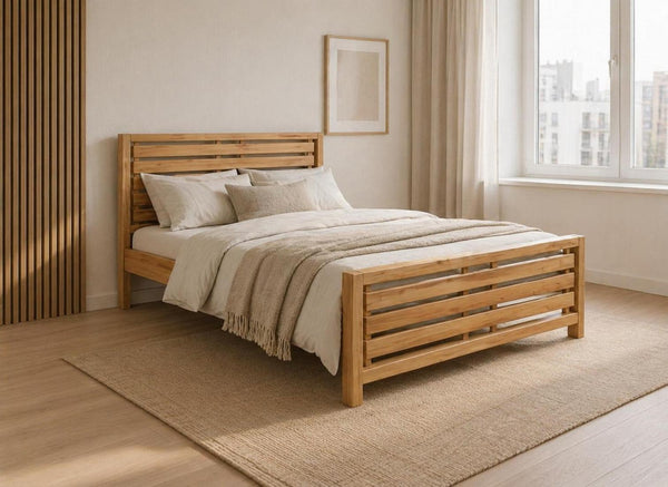 Narford Stained Antique Wooden Bed in Scandi Minimalist Bedroom