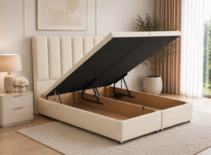 Single Oyster Velvet Ottoman Bed with Headboard, open for storage.