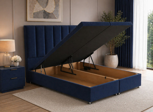 Royal Blue Velvet Ottoman Bed with Headboard, open to reveal storage.